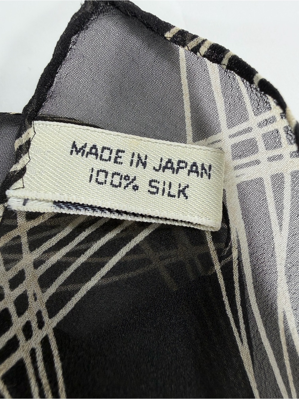 Ann Taylor 100% Silk Sheer Scarf Black Ivory Abstract Plaid 42x15 Made in Japan - Picture 2 of 8